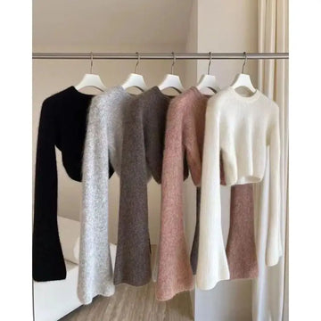 Getadme- Vintage Mohair Cropped Sweater Women Korean Fashion Slim Knitted Jumper Elegant Soft Warm Flare Sleeve Tops High Street